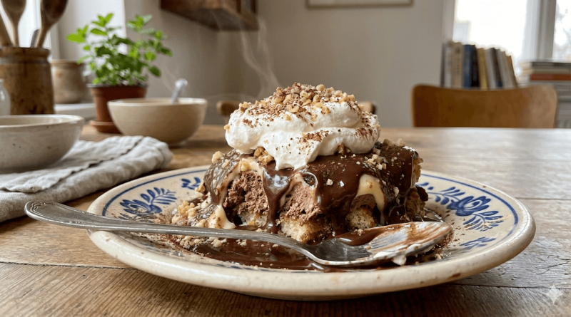 Ínycsiklandó házi somlói galuska egy rusztikus faasztalon, gőzölgő csokoládéöntettel, tejszínhabbal és darált dióval megszórva, háttérben otthonos konyhai kiegészítőkkel és egy cserép mentával.