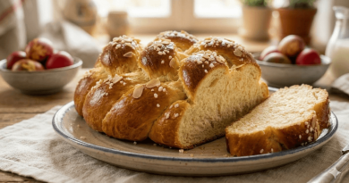 Húsvéti fonott kalács mandulaforgáccsal és jégcukorral, mellette egy tál piros tojás