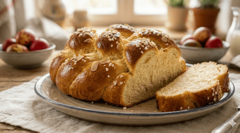 Húsvéti fonott kalács mandulaforgáccsal és jégcukorral, mellette egy tál piros tojás