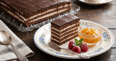 csokipuding krémes szelet szépen tálalva, csokimáz tetővel