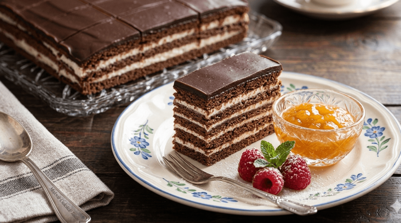 csokipuding krémes szelet szépen tálalva, csokimáz tetővel